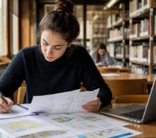 Estudiante comparando varios planes de estudio con notas y un portátil