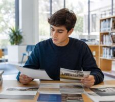 Joven comparando distintas opciones universitarias en una biblioteca