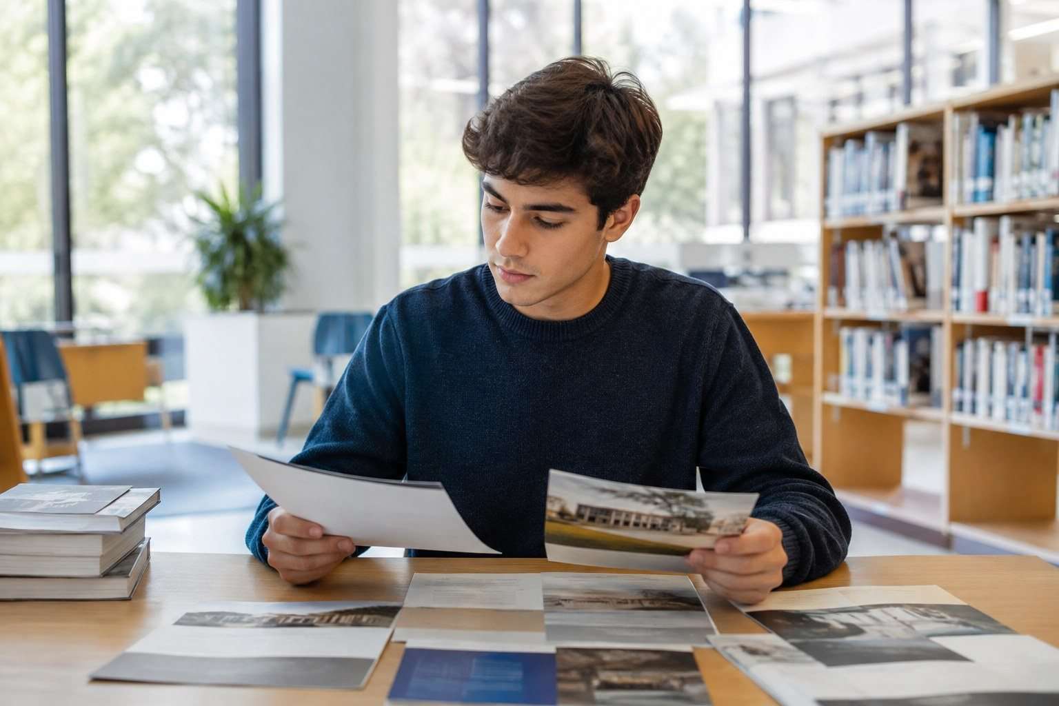 Carreras para personas indecisas: un método para elegir sin precipitarse — Imagen 1 Joven comparando distintas opciones universitarias en una biblioteca